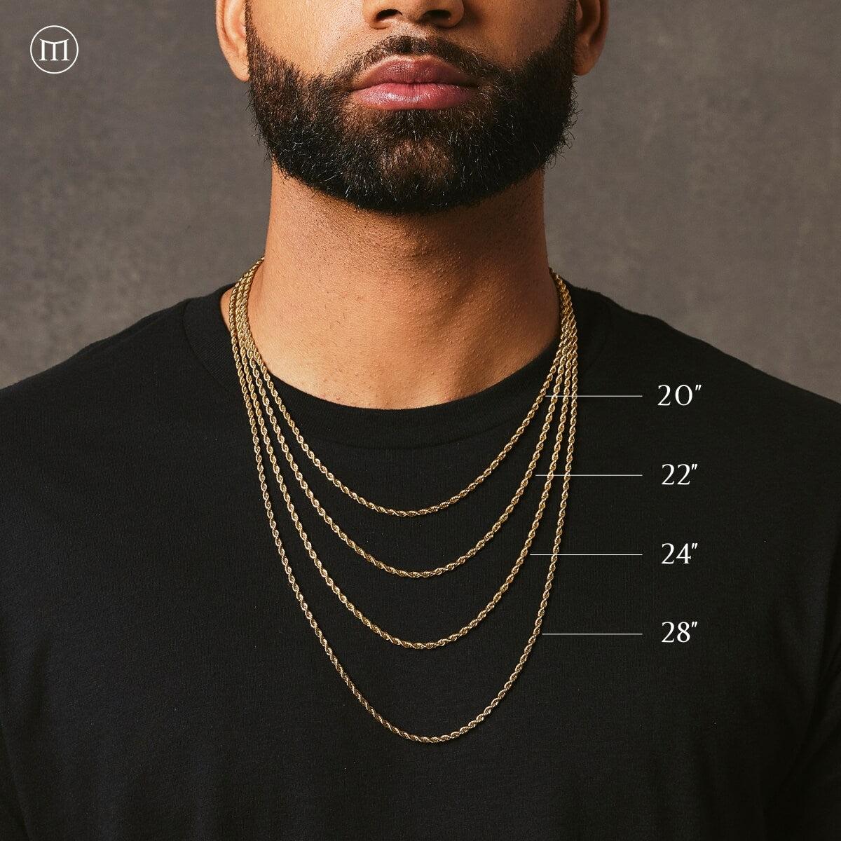 Marcozo men's chain length guide showing 20, 22, 24, and 28 inch chains on a model